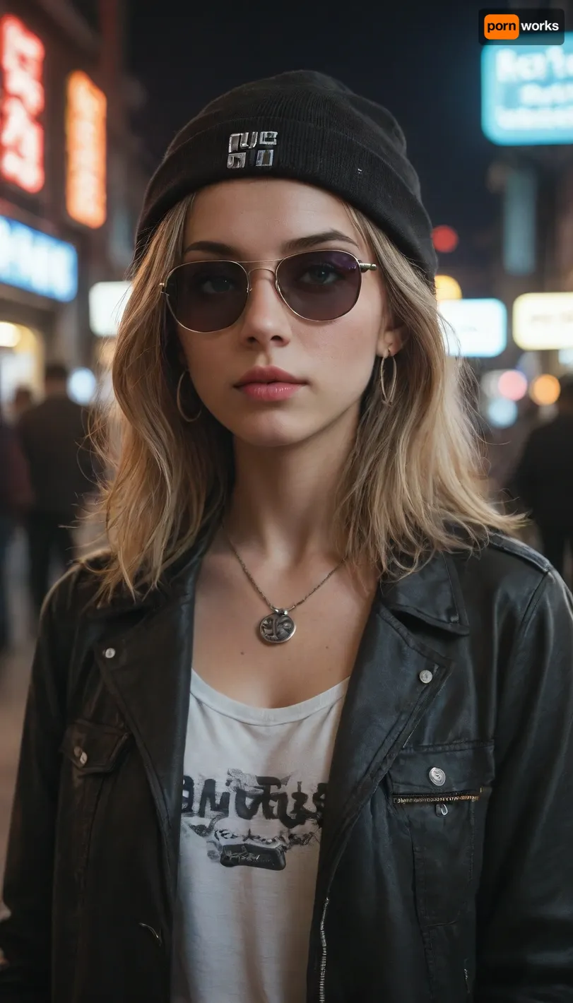score_9, score_8_up, score_7_up, alternative girl, watching over black sunglasses, jacket, necklace, neon light reflections on skin, ear ring, makeup, skin imperfection, cute hair, beanie, neon lights background, low light, depth of field, highly detailed, high contrast, film grain, Rim Lighting, Long Exposure, DSLR