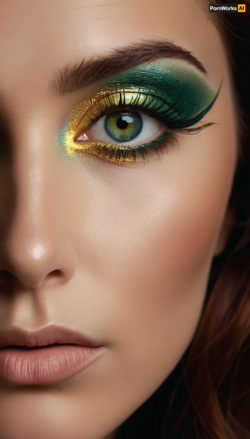 (avant-garde facial portrait:1.6), (beautiful woman's face:1.1), (focus on eyes), (intense eye detail:1.3), (bright green eye:1.4), (beautiful long eyelashes:1.2), (detailed eyeliner:1.1), (intricate eye:1.3), (vivid emerald tones:1.4), (flecks of gold around the iris), (dramatic lighting:1.3), ((Strands deep auburn hair:1.2), cling to the face, adding, (depth and dimension:1.1), and framing the eye), (warm and inviting color palette:1.2), (subtle contrasts:1.1), that emphasize the eye's, (vibrancy:1.3), against the, (softer skin tones:1.1), (serene expression:1.2), (sense of intensity and introspection:1.3), ., (shallow depth of field:1.4), (blurred background:1.1), and keep the focus entirely on the face, capturing every, (minute detail, of the skin, hair, and eye:1.3), (sense of immediacy and emotional depth:1.4)