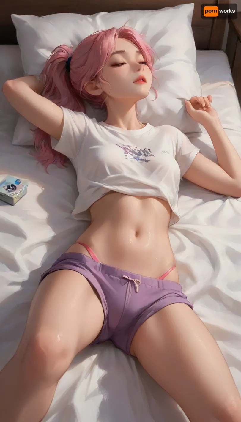 A girl with bright pink hair, a ponytail, disheveled and scattered on the pillow, her whole body is sweaty, her whole body is in oil, she lies on the bed in a relaxed pose. Her face is slightly red, her eyes are closed, her lips are slightly open. She is dressed in a tight T-shirt with a large mesh and purple shorts pulled down, a pink thong, her anus is visible under the fabric of the thong. One hand is lying on the pillow, the other on the blanket. Her legs are bent, one foot rests on the bed. The room has a soft light, creating an atmosphere of comfort and tranquility, score_9, score_8_up, score_8, score_7_up, (j_cartoon:1.5), Drawing, <lora:samdoesarts1.1-000030:.4>, <lora:J_cartoon:.3>, <lora:Animated_Concept:.5>, <lora:gotou_hitori_xl:.4>