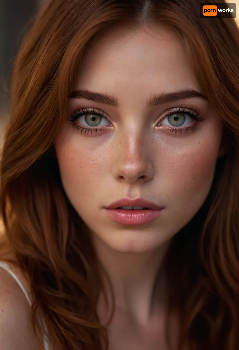Highly detailed, close-up photograph of a young woman with light skin and subtle freckles, focused on her captivating eyes., (vibrant auburn hair with dark roots, textured layers, coppery highlights), Her hazel eyes are glistening, and her full lips are slightly parted, showcasing a natural, soft pink hue. The background is blurred, but colorful, iridescent light reflections add a dreamy, ethereal quality to the image. The overall mood is intimate and sensual, with a focus on the natural beauty and texture of the subject's skin and hair. The lighting is soft and warm, enhancing the serene atmosphere., igbaddie, ziprealism, <lora:igbaddie-XL:.4>