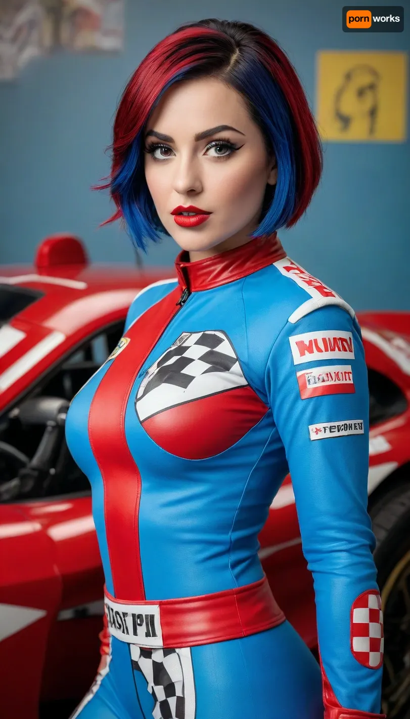 (masterpiece, pop art style, bold colors, graphic shapes), 1girl, ultra-curvy and visually striking F1 racer girl with thick lips, oversized expressive eyes, short electric-blue bob haircut, wearing a race suit patterned in red polka dots and comic-style zippers, dramatically shaped to accentuate full breasts and hips, posing confidently with one hand on hip and one holding a checkered flag, speech bubble, "Ready to burn rubber!", racecar drawn in halftone lines, energetic comic frame layout