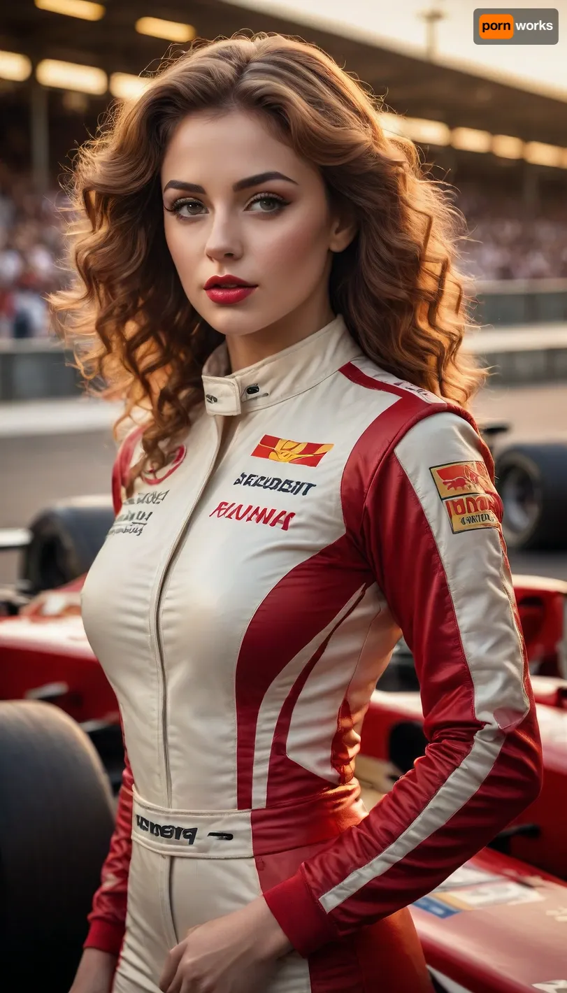 (masterpiece, oil painting style, classical realism, warm tones), 1girl, sensual and noble Formula 1 racer painted like a royal portrait, long auburn curls, perfectly sculpted features, full red lips, deep brown eyes full of power, tight racing suit rendered with rich texture over her voluptuous figure, soft lighting on her chest and thighs, leaning against vintage-style F1 car, blurred grandstand behind, golden hour palette, emotional brushstrokes, elegant and powerful composition