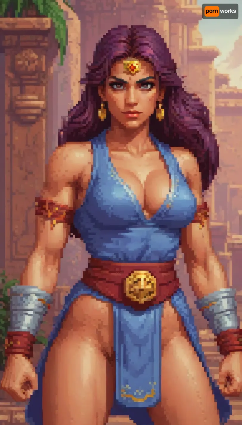 pixelart of a beautiful Persian Huntress, style of Street Fighter, style of SNES fighting game, <lora:pixel-art-xl-v1.1:.9>