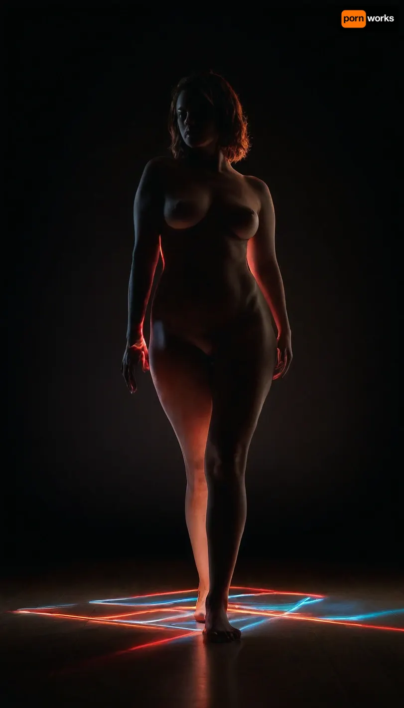 A fine art nude photography series exploring the interplay between light and darkness. A curvy female model with soft yet defined contours and glistening skin is illuminated only by thin strips of neon light in an otherwise pitch-black environment. Her pose is fluid yet intentional, evoking a sculptural quality. Parts of her body emerge from the shadows, while others dissolve into the darkness, creating a sense of abstraction. Her hands remain natural and expressive, free of accessories, allowing her gestures to enhance the composition. Her feet are bare, with delicate traces of fluorescent paint that glow faintly in the dim ambiance. The floor is slightly reflective, capturing glimpses of movement. The composition is cinematic and mysterious, celebrating the balance between exposure and concealment, presence and absence. The contrast between her curvaceous form and the sharp, geometric lighting creates a powerful visual tension.