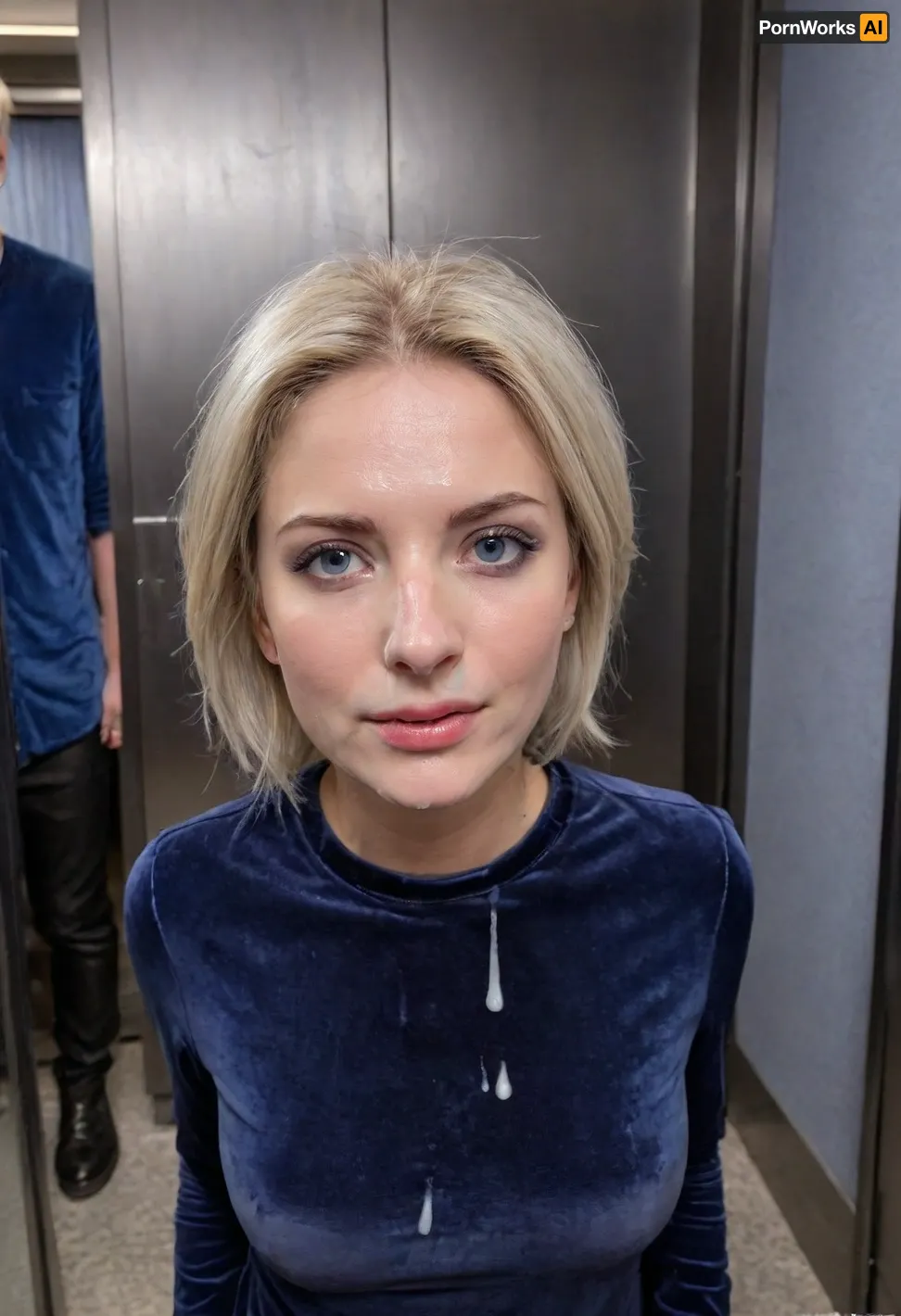 (masterpiece, best quality:1.2), 1 girl, swedish film character Rebecka Martinsson, solo, glasses, (black leather pants:1.3), (indigo velvet u-neck shirt:1.5), outdoors, white blonde hair, bright ice blue eyes, short haircut with side parting, hair tucked behind ears, stands indoors in an busy elevator, serious look, photorealism, (her face is covered with cum, cum on her chest, cum on clothes, cum threads drip from chin:1.4), facial, cum, on, face, breasts, stomach, covered, in, perfect, <lora:Facials:.6>