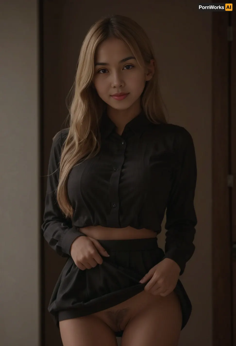 meke it showing pussy and tits, 19 years old white asian girl, girl skinny small tits shaved pussy, lawyer with black tight skirt and blouse, home in the background, long blonde hair, girl shows her pussy by lifting up her skirt, lifted skirt, no panties, (smooth pussy:1.2), lift skirt show pussy and tits, black hair, medium straight hair, sitting showing ass and pussy.

the hair with houlder-length straight black hair with a slight natural curl. The hair should have medium thickness, appear naturally flowing, and be subtly styled for a soft yet polished look.

make the face more chinese look like, more rounded face with small nose wide tip and the lips small but full the skirt lifted and shaved pussy showed, the pussy full shaved with fluffy cameltoe and detailed pussy lips. please make the hand in detail anatomy with same skin tone.

make it different from before, tocco, lingerie, skirtlift, pussy, labia, clitoris, big, open, spread, closed, small, medium, large, long, shaved, pubic, hair, bad, lighting, bright, make the pussy detailed like, 1-alpha, .8>, <lora:SDXL-Tocco-bra:.4>, <lora:JP1-000009:.6>, <lora:skirtlift_xl:.7>