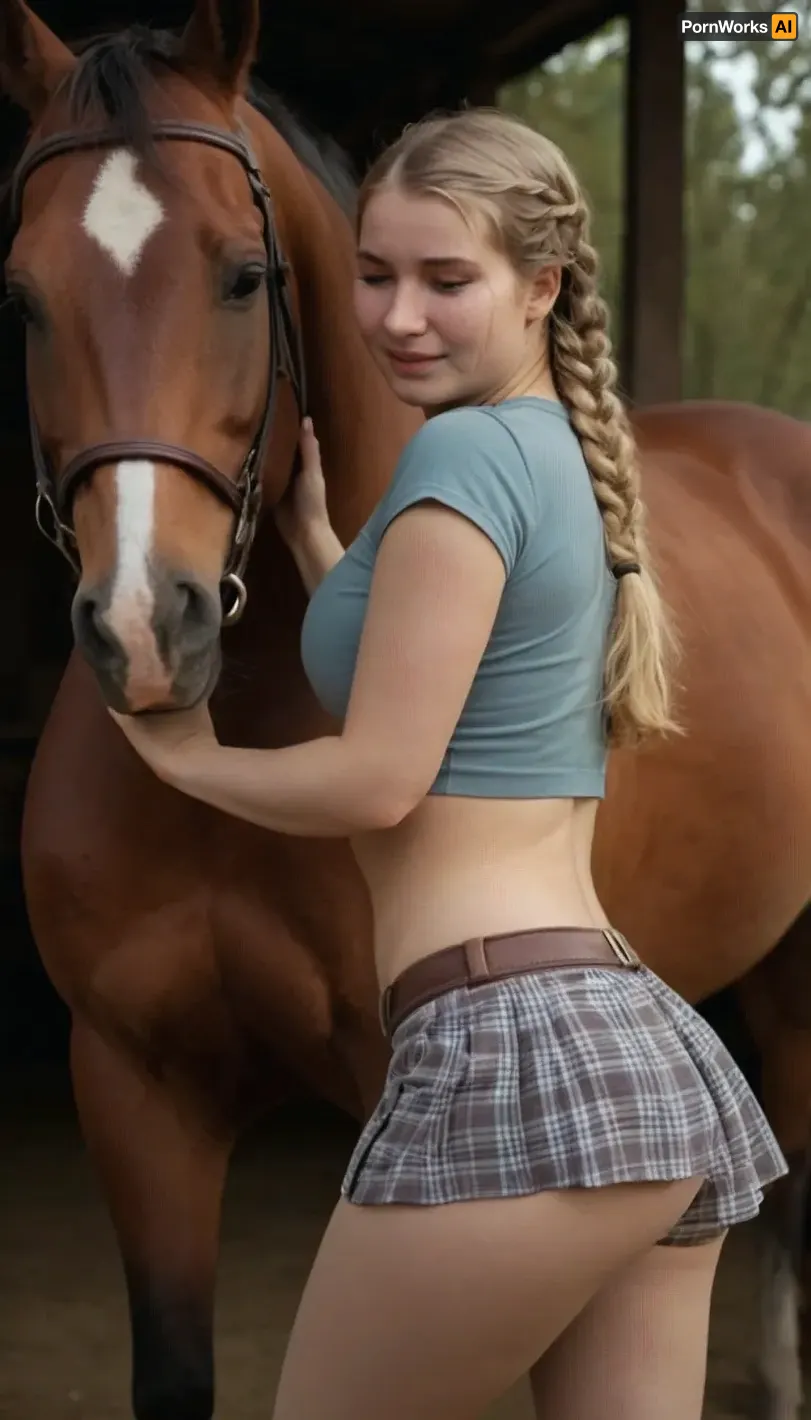Beautiful girl 18 yo, natural Blonde, girl sad, (girl crying:1.3), girl with wavy hair, girl wears a half braided hairstyle, Big firm round breast, very Skinny waist, extra wide hips, firm thick tights, well-defined body, firm round buttocks, girl its on a camp, (a real horse its fucking the girl:1.3), The girl is on all fours and a real Big horse is fucking her vagina, girl wear an underboob tshirt and a very shorts checked skirt, girl doesn't wearr any underwear, 8k image, hi Quality image, <lora:EnvyThiccXL02:.9>