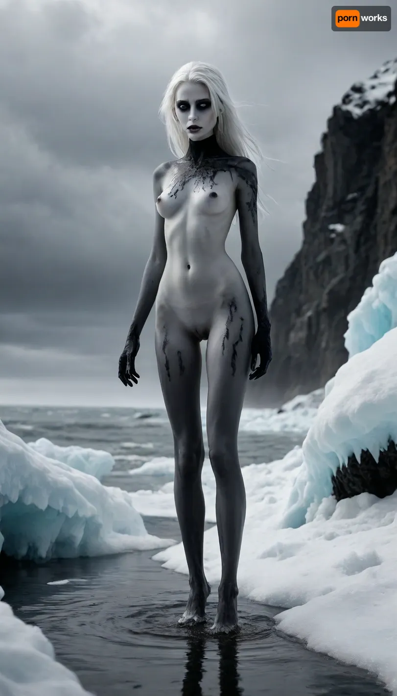 High contrast, Alternative, 18, goth, some are open, non-uniformity, outdoors, blizzard, all white snow, glacier blue, shadow figure, fixed into a super position, blend transformation, skin painted pale white, seductive, imposing, killer's confidence, troll tail, submerged in massive black ink ocean, mascara, mysterious presence, haunting presence, stunning extra long legs, dangerous visitor