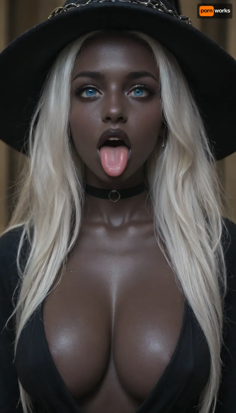 a photo of Senegalese fitness model with, (((white hair, blue eyes, pitch black skin, ebony, very large breasts, very dark lips, black choker, crossed eyes, tongue out, ahegao))), (closeup), looking at viewer, horny, closeup, (((long white hair, blue eyes))), crossed eyes, tongue out, BreastsApart, breasts, huge, backbreakingbreasts, tattoo, irezumi, black, dark, wizard robe, IncrsXLRanni, wavy, hair, cracked, skin, colored, blue, (), joints, robe, witch, hat, cloak, <lora:Sweaty_Realism_4-000006:.8>, <lora:Diversify:1.1>, <lora:RanniXLV2:.8>, tongue, out, ahegao, drool, <lora:ahegao_mr_chrisma:.8>