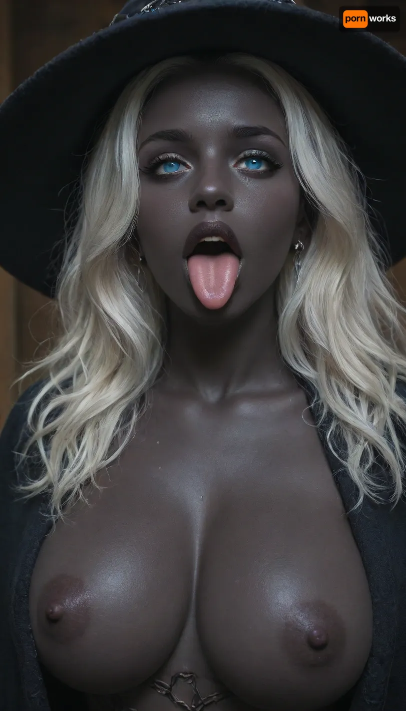 a photo of Senegalese fitness model with, (((white hair, blue eyes, pitch black skin, ebony, very large breasts, very dark lips, crossed eyes, tongue out, ahegao))), (closeup), looking at viewer, horny, closeup, (((long white hair, blue eyes))), crossed eyes, tongue out, BreastsApart, breasts, huge, backbreakingbreasts, tattoo, irezumi, black, dark, wizard robe, IncrsXLRanni, wavy, hair, cracked, skin, colored, blue, (), joints, robe, witch, hat, cloak, <lora:Sweaty_Realism_4-000006:.8>, <lora:Diversify:1.1>, <lora:RanniXLV2:.8>, tongue, out, ahegao, drool, <lora:ahegao_mr_chrisma:.8>