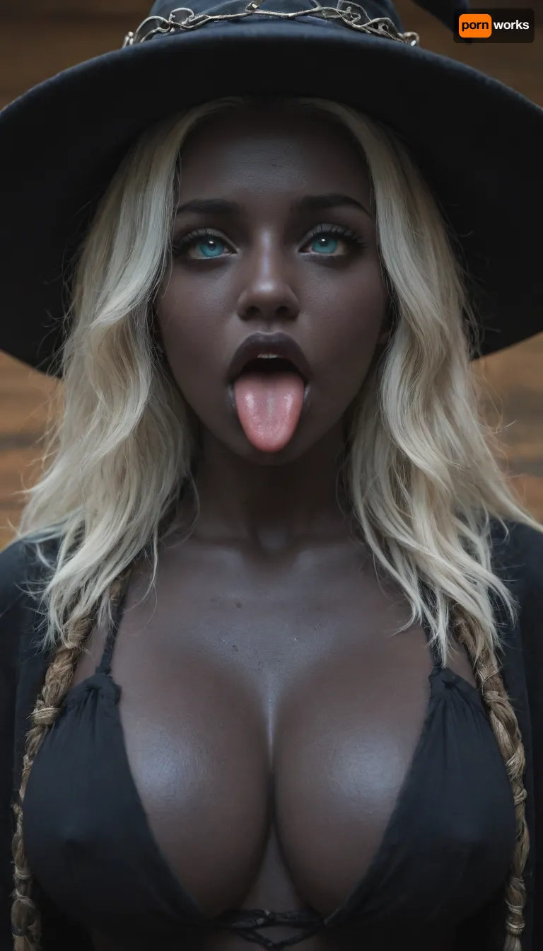 a photo of Senegalese fitness model with, (((white hair, blue eyes, pitch black skin, ebony, very large breasts, very dark lips, crossed eyes, tongue out, ahegao))), (closeup), looking at viewer, horny, closeup, (((long white hair, blue eyes))), crossed eyes, tongue out, BreastsApart, breasts, huge, backbreakingbreasts, tattoo, irezumi, black, dark, wizard robe, IncrsXLRanni, wavy, hair, cracked, skin, colored, blue, (), joints, robe, witch, hat, cloak, <lora:Sweaty_Realism_4-000006:.8>, <lora:Diversify:1.1>, <lora:RanniXLV2:.8>, tongue, out, ahegao, drool, <lora:ahegao_mr_chrisma:.8>