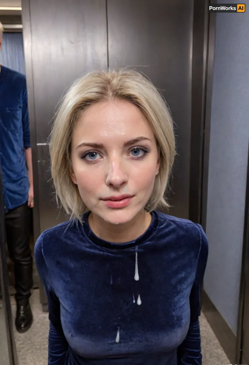 (masterpiece, best quality:1.2), 1 girl, swedish film character Rebecka Martinsson, solo, glasses, (black leather pants:1.3), (indigo velvet u-neck shirt:1.5), outdoors, white blonde hair, bright ice blue eyes, short haircut with side parting, hair tucked behind ears, stands indoors in an busy elevator, serious look, photorealism, (her face is covered with cum, cum on her chest, cum on clothes, cum threads drip from chin:1.4), facial, cum, on, face, breasts, stomach, covered, in, perfect, <lora:Facials:.6>