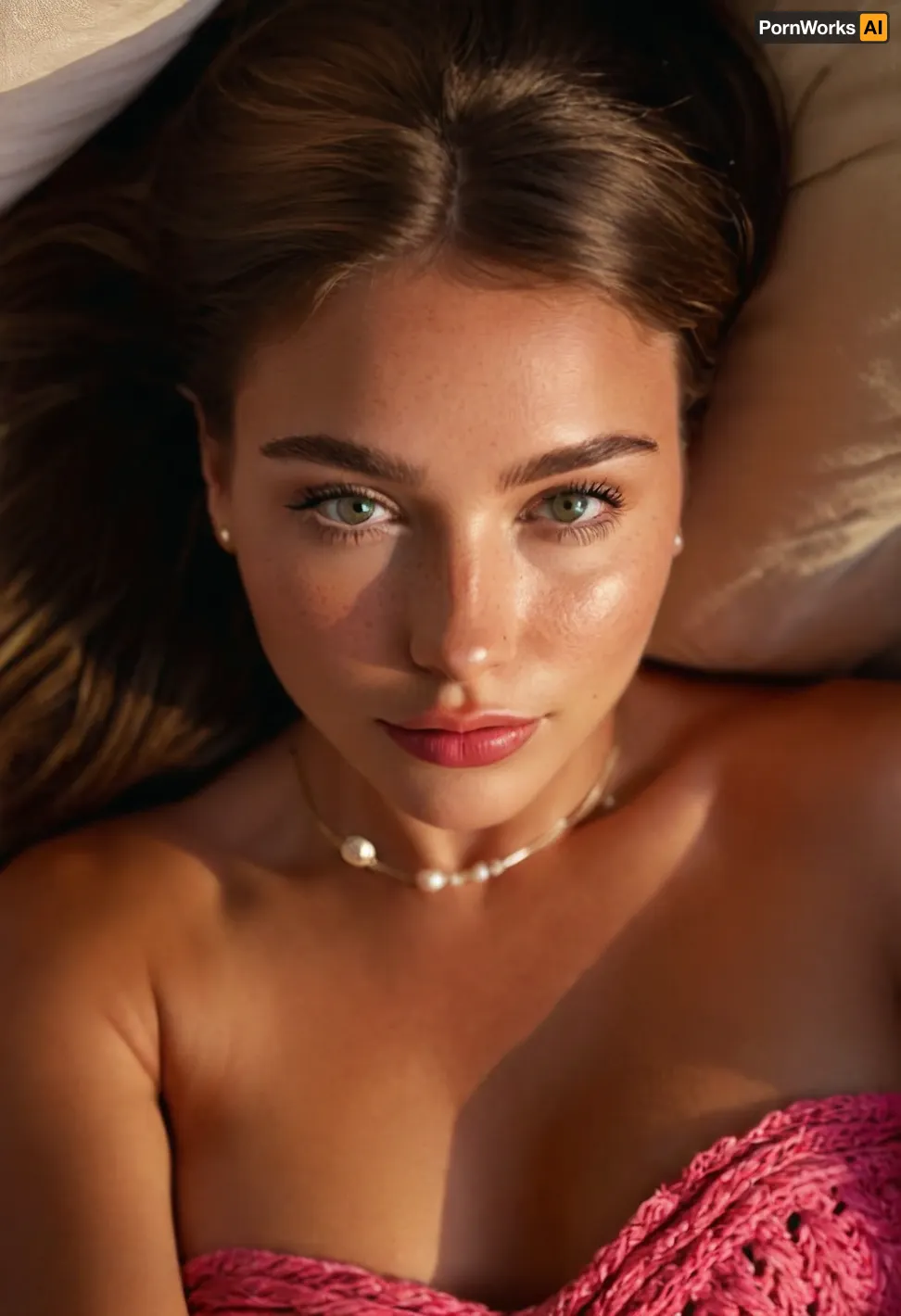 (masterpiece, best quality, photorealistic:1.3), RAW candid selfie, 8K UHD, DSLR quality, sharp focus, hyperdetailed textures, insane details. Stunningly beautiful young woman, early twenties, (around 22), effortless charm. Flawless sun-kissed skin, realistic texture, visible pores, subtle freckles. Captivating hazel-green eyes, detailed patterns, bright catchlights, sparkling life. Defined dark brunette eyebrows, long fine eyelashes. Refined symmetrical face, high cheekbones, soft natural blush. Lush full rosy pink lips, gentle closed-mouth smile, warm friendly. Long voluminous hair, cascades onto pillow, tousled chic style. Sophisticated brunette base, sunlit caramel honey blonde highlights. Detailed hair strands, flyaways, natural aesthetic. Bright pink hand-knitted halter top, tactile knit texture, interwoven pattern, soft yarn. No visible jewelry, clean natural aesthetic. Intimate casual selfie perspective, elevated angle, smartphone held. Direct camera gaze, engaging eye contact. Head rests on plush off-white linen pillow, fine linen texture, subtle creases. Upper left, dark red/burgundy cushion depth. Composition centers woman, face focus, shoulders and chest visible. Soft diffused flattering natural daylight, smooth tonal transitions, gentle shadows, window light. Relaxed, intimate, authentic, serene, unguarded moment atmosphere. Shallow depth of field, razor-sharp face focus, blurred background pillows. Analog film aesthetic, subtle film grain, cinematic. Hyperrealism, natural look, no makeup makeup style. Lifelike skin shaders, realistic hair, detailed fabric textures. Warm skin tones, bright pink top, neutral bedding, red accent. Natural beauty, influencer aesthetic, cozy indoor relaxed, golden hour morning light vibe, breathtaking gaze, captivating look, detailed facial portrait, gracefully relaxed pose, trending instagram photo realism, perfect natural skin micro details, crisp eye reflections, subtle volumetric light, emotional connection, peaceful expression, girl next door charm, award quality, ultra realistic textures, authentic beauty, subtle imperfections, intimate eye-level, soft focus background., igbaddie, <lora:igbaddie-XL:1.2>