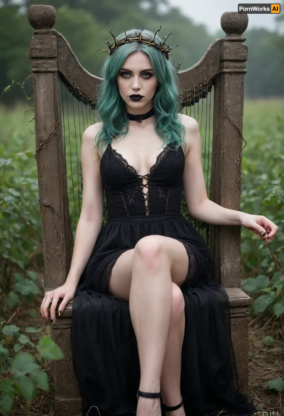 Full length, body shot, Cecia, (AFK_Journey), beautiful woman, deathly pale skin, gray skin, corpse like complexion, zombie cosplay, pale gray skin, dark green hair, slightly messy hair, long hair, defined cheekbones, bright green eyes, pale green eyes, glowing eyes, thin arms, black fingers, clawed fingers, long nails, thin legs, black feet, bare feet, thorns tangled in hair, black lipstick, sheer black dress with gold trim, halter neck style dress, sitting on a throne made of twisted vines, next to a harp made of twisted vines, thorny vines, dark green thorns, in a field, pale green fog, relaxed pose, regal pose, briar motif, briar aesthetic, queenly vibes, undead