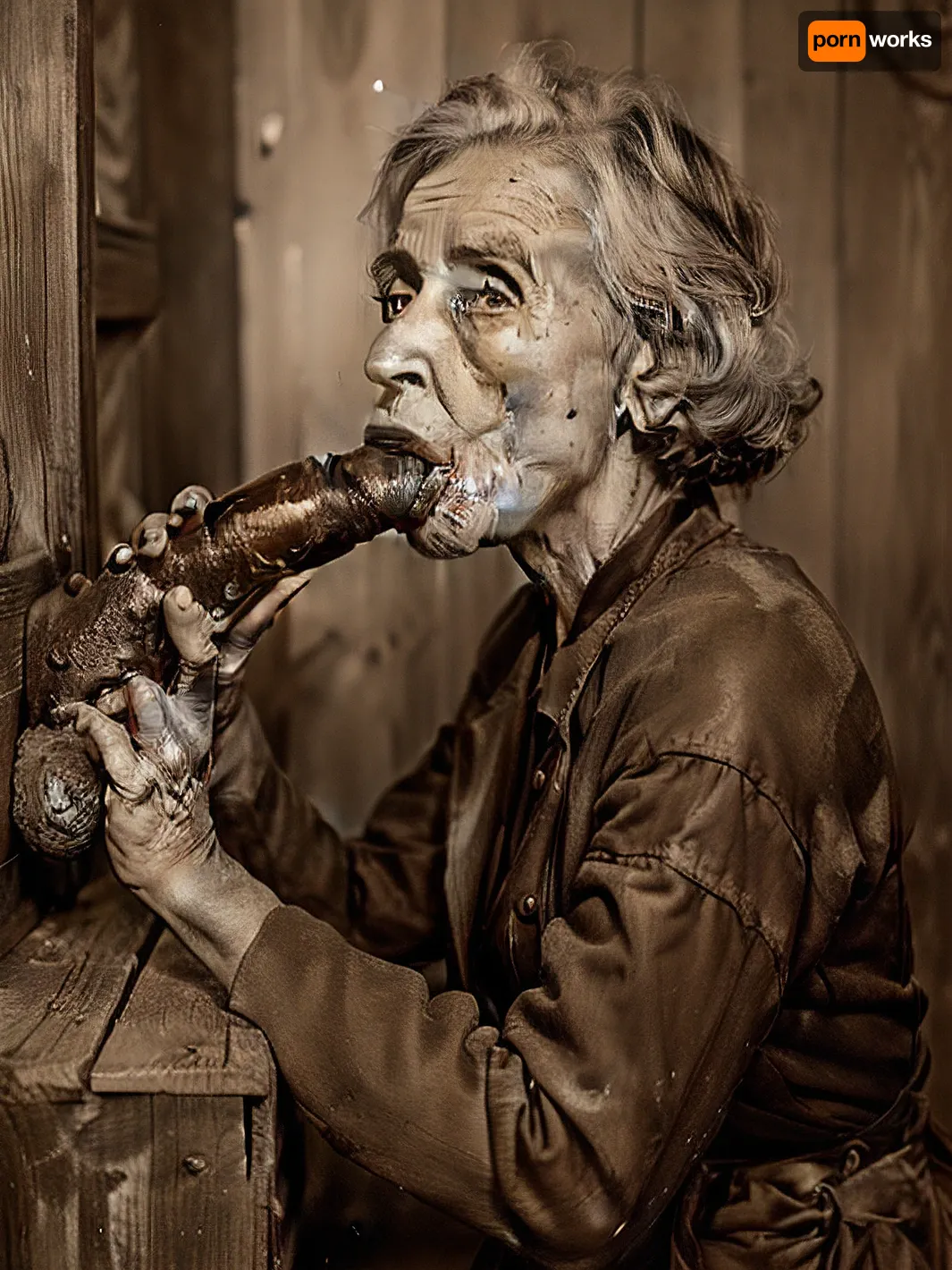 (Only one woman:1), (side view blowjob), cracked old sepia photo, 1930 Oklahoma dustbowl, a destitute elderly wife sucks a cock, 1930s granny, Great Depression, Depression-Era, Dustbowl Oaky woman, interior farmhouse, calico dress, sepia tone, old tintype photograph, old woman sucking cock, ansel adams portrait
Detailed, natural, skin, and, blemishes, without-makeup, acne, a, cock, nostellum, sucking, man's, penis, (((RawBBCBlowjob))), sepia, old, photo, damaged, early, 19th, century, <lora:FDSkinDetails:.3>, <lora:RawBBCBlowjob:.9>, <lora:oldPhoto_v1.0:.8>