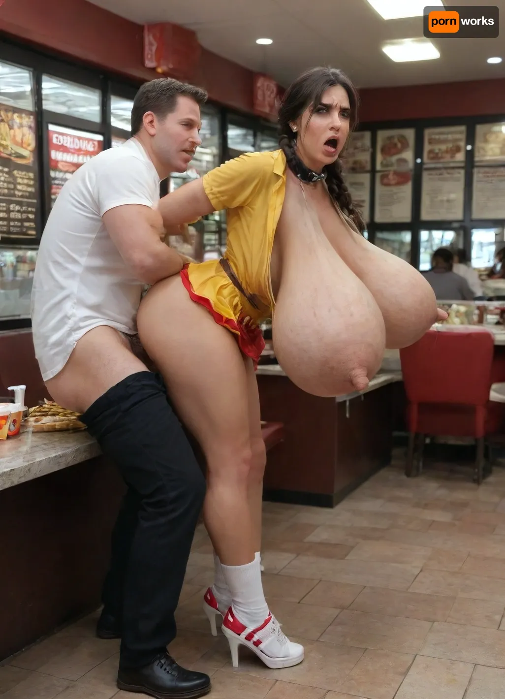 angry, expression, sagging breasts, girl, Sybil Stallone, abused, afraid, embarassed, humiliated, submissive, bdsm, slave restraints, in the Fast food restaurants A serious Female McDonald's cashier whose only redeeming feature is her gigantic breasts dressed fucked anal, anal fucking, (dressed in a McDonald's Red and Yellow uniform), mini skirt, white socks, and glasses, Youthful Skin, photorealistic, detailed skin texture, highly detailed hair, maximum detail, thicc voluptuous model figure, soft light, Orgasm face, stunning face, 18 years old Female McDonald's cashier, pale skin, gigantic tits, big breasts, huge tits, hairy pussy, very realistic, best quality, high detail, TotalDetail, 18 years old, (Standing behind the checkout counter where customers are lined up, she leans on the checkout counter with her hands or elbows, her chest on the checkout counter, Female McDonald's cashier leans against the checkout counter, Female McDonald's cashier standing leaning forward, realistic face, symmetrical face, she holds on the checkout counter), (Inside the McDonald's checkout counter, Red and Yellow Fast food restaurants:1.5), anal, fucked anal, (Two braids and bangs), narrow waist, high definition photograph, straight hair, ultra detailed, intricate details, (photorealistic:1.5), 8k, UHD, wide angular lens, Wein light, contrast, tack sharp, (masterpiece:1), perfect huge tits, slim body, (anal sex:1.5), anal penetration, moaning, no makeup, (side view:1.5), prone bone, anal creampie, cum, curly hair, (pain:1.5), painful, terrified, freckles, (assfuck:1.5), huge dick in anus, (crying:1.5), forced onto a mattress by several men, (held down by several men:1.5), really sagging breasts, boobs, tits, chest, big, hips, thighs, wide, thick, plump, belly female, arms, bmbplora, <lora:bimboxl_02:.8>