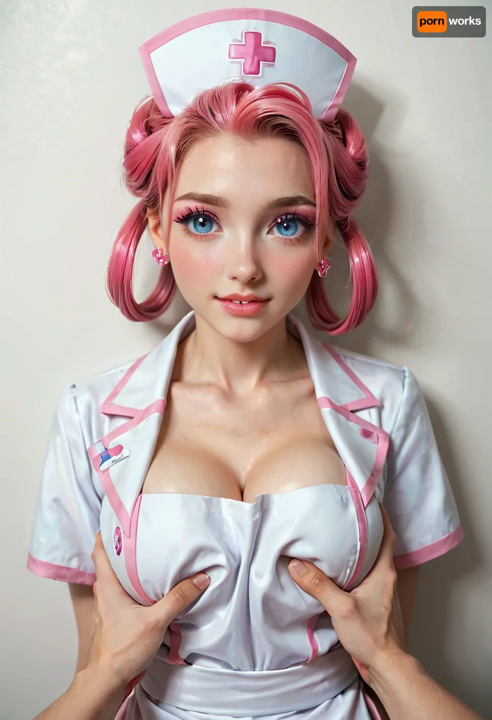 nurse joy from pokemon, leaning on wall, sexy face, sexy, cute face, lip bite, shy, submissive, scared, nose blush, large round firm boobs, chest up, breast grab, male viewer has one hand squeezing breast hard, pov male viewer has one hand pulling girls top down, boob focus, pov, close up, eyeliner, thick, graphic, pokemon, nurse joy, pink hair rings, bangs, cap, pink collared, dress, apron