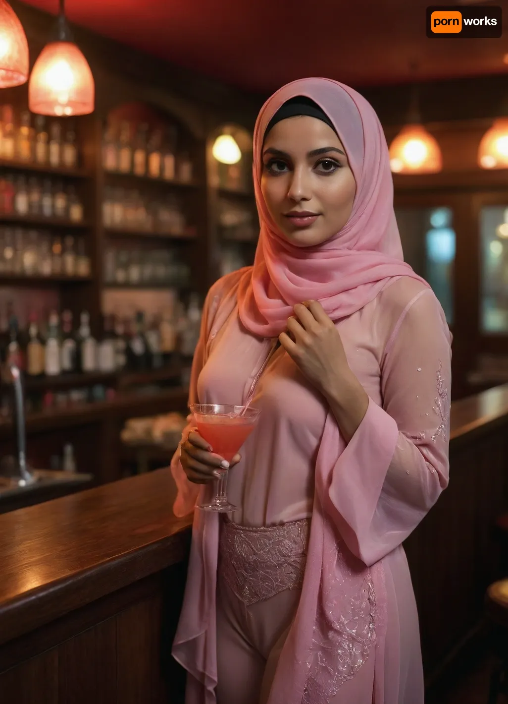 Hot Pakistan women wearing transparent hijab with pink hot shine bran and panties, Standing in bar, holding cocktail in right hand