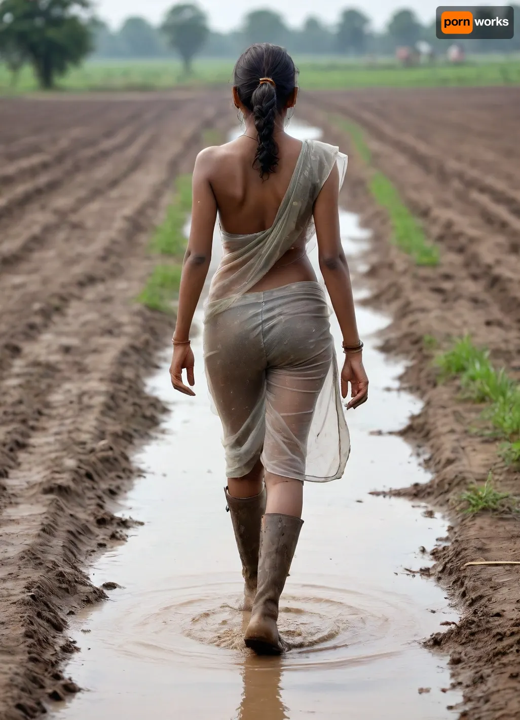 Indian young village girl wearing poor transparent saree and walking in farm show her back side her but glossy and shines and wearing big boots, mud dirt on her body, and she wet, portrait view wide angle, show her full back body, she