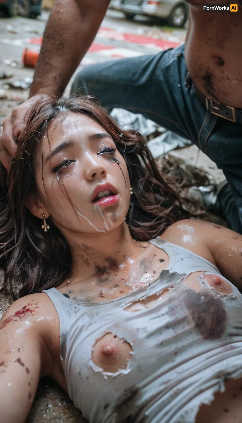 best quality, ultra detailed, masterpiece, 8k uhd, dslr, high quality, sharp body, highly detailed body, (realistic), asian Lisa blackpink beautiful figure crying, makeup stains, she sweats a lot, dressed in a sexy singer's outfit that was torn, lying unconscious in a dirty abandoned building, her body and clothes are dirty, she was just brutally gang raped, Cum on, _jbright__, Homeless man, <lora:_jbright__-000040:.8>