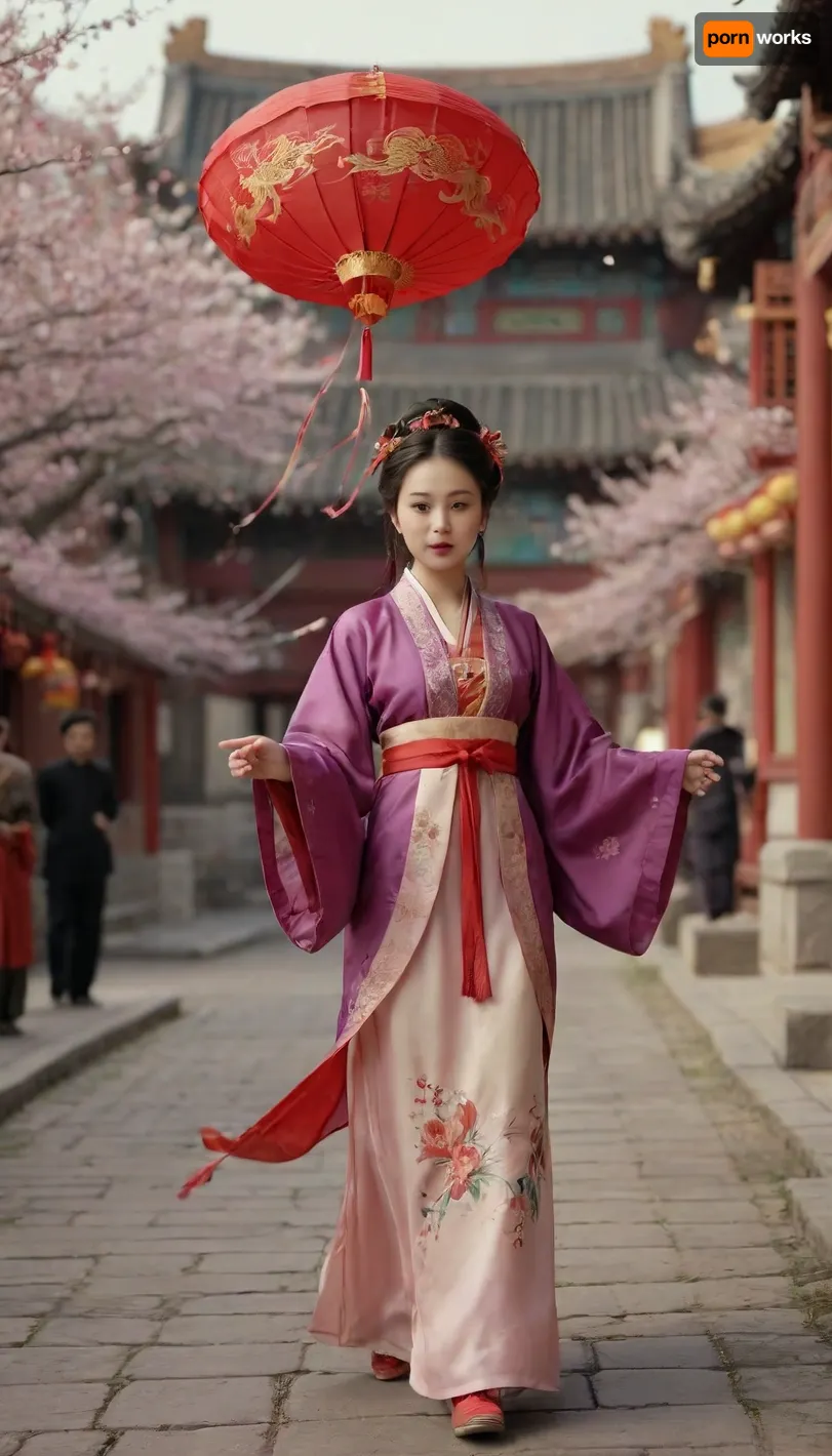 Ancient China of the Ming era, a beautiful young Chinese woman running along a festively decorated city street, huge flying a kite made in the form of a Chinese dragon, ((traditional Chinese dress opened on the chest)), around a lot of plum blossoms, super detailed background, high definition, UHD quality, szhf, dress, <lora:szhf:.4>