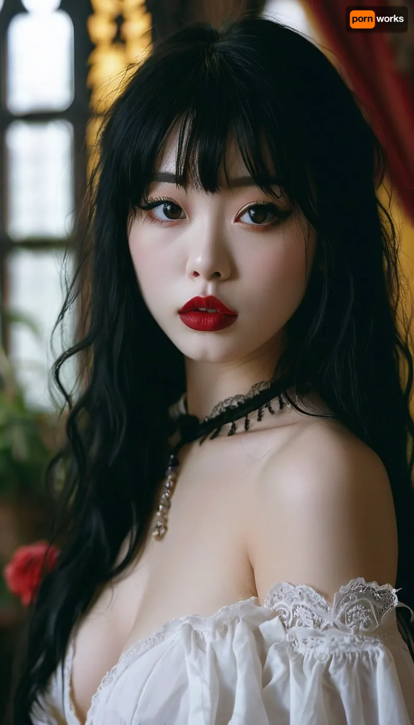 gothic, goth, (asian), pale skin, dark black eyes, black hair, bangs hair, black eyeliner, (black lipstick), white skin, perfect eyes, small eyes, detailed eyes, small nose, good anatomy, ultra detailed, high resolution, fake breasts, slut face, whore, (ahegao:1), sexy posing, <lora:MJ52:.8>