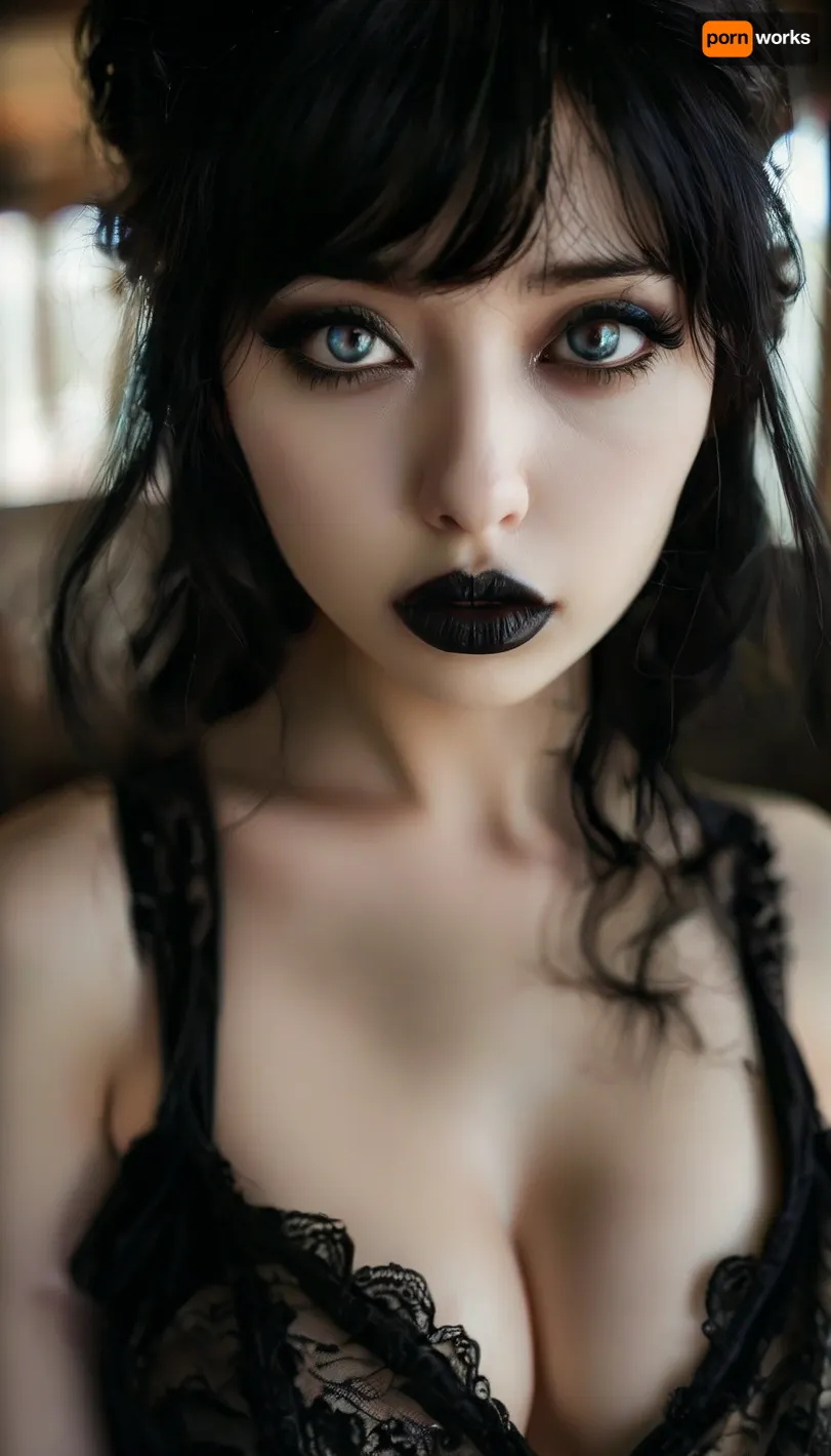 gothic, goth, (asian), pale skin, dark black eyes, black hair, bangs hair, black eyeliner, (black lipstick), white skin, perfect eyes, small eyes, detailed eyes, small nose, good anatomy, ultra detailed, high resolution, fake breasts, slut face, whore, (ahegao:1), sexy posing, <lora:style_lora_realis:1>