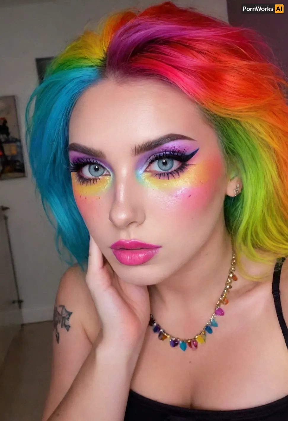 (avant-garde snapshot aesthetic, loving girlfriends, cuddling girlfriends:1.6), (punk rock model, punk attitude, punk hair style, eye catching hairstyle, vibrant hair:1.5), (rainbow makeup, vibrant makeup, shimmering makeup, pride makeup:1.6), (focus on eyes, sharp focus on eyes:1.7), (detailed skin, maximum skin detail, detailed clothing:1.3), (natural skin texture, natural hair texture, vellus hairs, goosebumps:1.3), (vibrant and inspirational color palette:1.2), (shallow depth of field:1.4), (dramatic lighting:1.3), (blurred background:1.1), ziprealism, igbaddie, <lora:igbaddie-XL:.8>