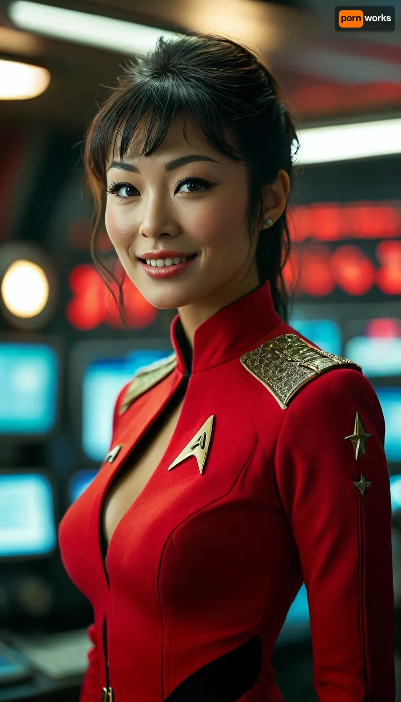 Star Trek, sexy asian star fleet officer, Star Trek uniform, tanned, sexy smile, <lora:add-detail-xl:.8>, <lora:MJ52:.8>