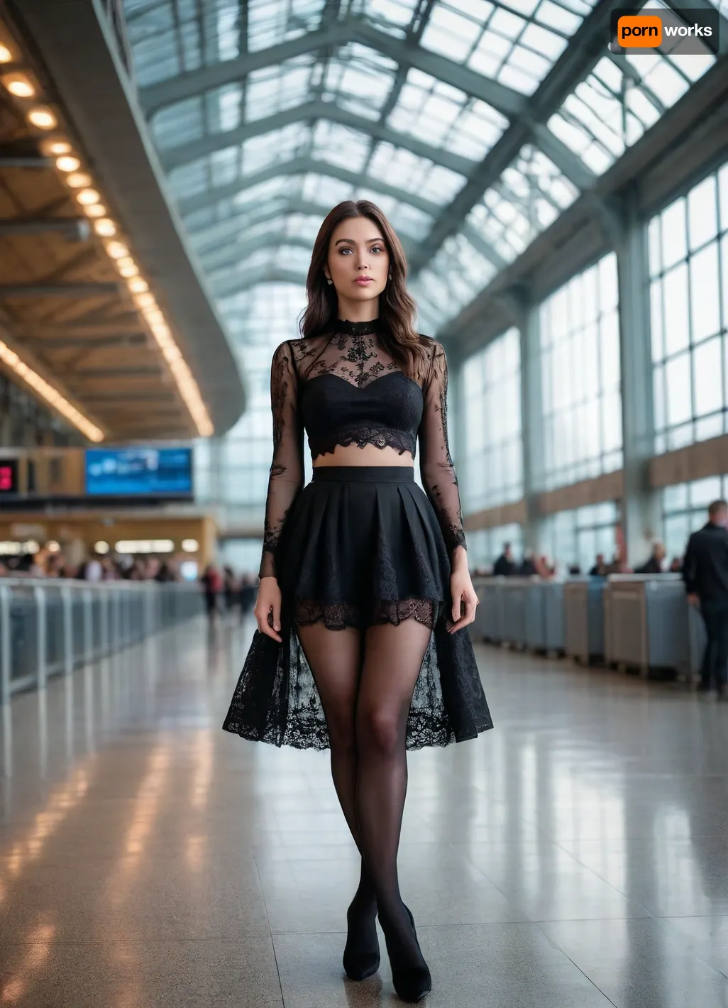 “
A woman with long dark hair standing in a modern indoor setting, possibly an airport or train station, with a glass structure and seating area in the background. She is wearing a sheer black lace top with intricate patterns and a matching black skirt, with a pink top being pulled off over her head, revealing her back. She is also wearing sheer black tights, and the scene appears to be captured in a candid moment." Cinematic and luxurious, view alutrawide angle, wide angle, full extra wide angle, full portrait, 4k details, extra detail, soft hands, sober face