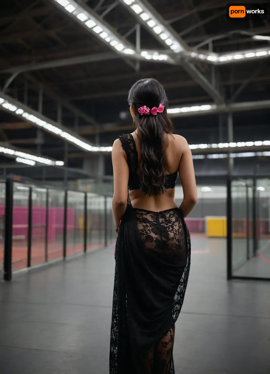 “
A young indian woman with long dark hair standing in a modern indoor setting, possibly an basketball Stadium station, with a glass structure and seating area in the background. She is wearing a sheer black lace sari with intricate patterns and a matching black head tie, with a pink bangles being pulled off over her head, revealing her back. She is also wearing sheer black tights, and the scene appears to be captured in a candid moment., views her back side, looking forward" Cinematic and luxurious, view alutrawide angle, wide angle, full extra wide angle, full portrait, 4k details, extra detail, soft hands, sober face