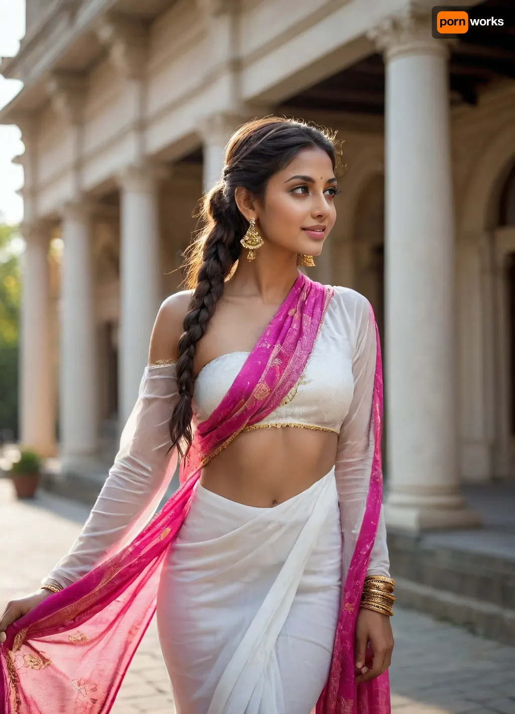 “Abeautiful South Asian woman dressed in a hot wet sari, flowing white outfit with bold pink patterns transparent, ((not wearing indide)), standing in a sun-kissed urban plaza with classic architecture in the background. Her attire drapes gently around her curves, ((big glossy butt)), ((nig shinning Ass), and a sheer scarf partially covers her head, adding an element of mystery. Her long braid, adorned with golden jewelry and tassels, falls gracefully down her back. She glances over her shoulder with a teasing smile, capturing a moment of quiet confidence and allure. The lighting creates soft highlights on her skin and fabric, evoking a sensual, dreamy mood. The scene blends cultural elegance with subtle romantic energy in a modern outdoor setting."
" back side, looking forward" Cinematic and luxurious, view alutrawide angle, wide angle, full extra wide angle, full portrait, 4k details, extra detail, soft hands, sober face)