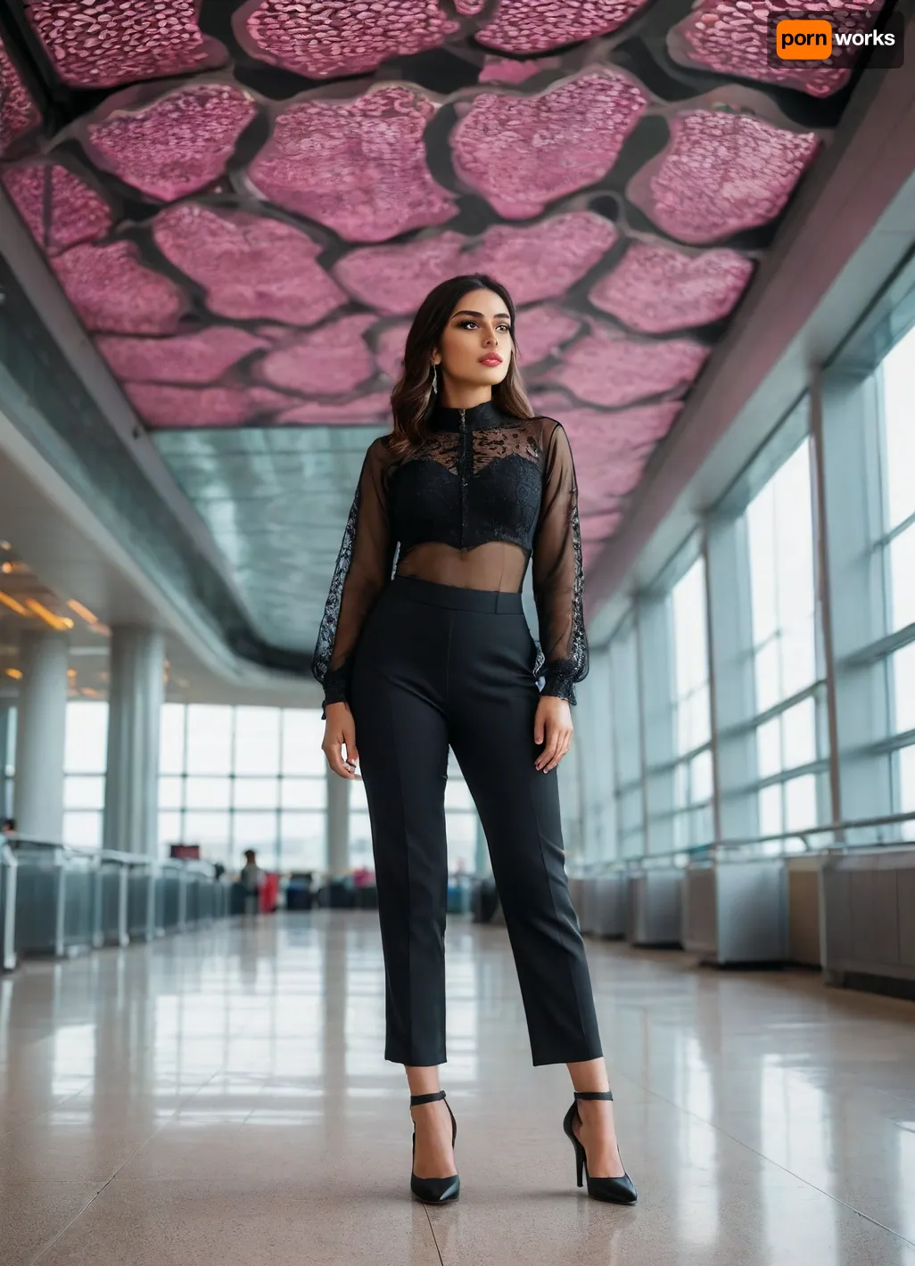 “A stylish Pakistan woman in a bold sheer black outfit, standing confidently in a modern airport terminal. She is removing a pink top, revealing intricate mesh details and embroidered patterns. The architecture features sleek metallic columns, glass panels, and a high, wave-patterned ceiling. The scene is vibrant, with travelers and airport activity in the background. Captured in cinematic lighting with a focus on fashion-forward confidence and urban glamour.." looking forward" Cinematic and luxurious, view alutrawide angle, wide angle, full extra wide angle, full portrait, 4k details, extra detail, soft hands, sober face