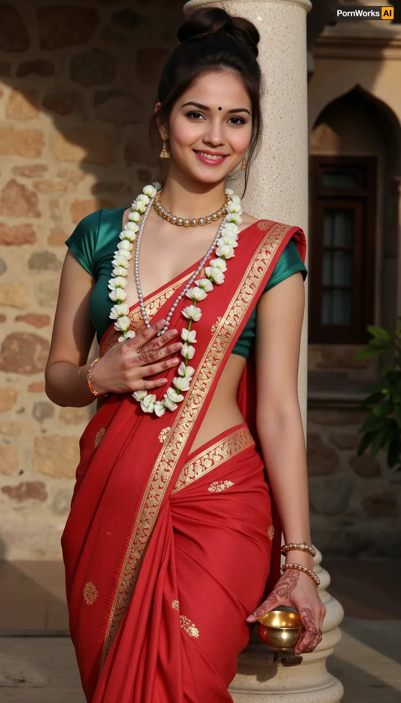 A stunningly beautiful topless busty Hindu woman dressed in a vibrant, traditional sari that cascades down her body in a symphony of rich reds and intricate gold embroideries. The sari is adorned with an emerald-green blouse that contrasts beautifully with the crimson fabric, enhancing the natural radiance of her golden skin. Her eyes are lined with kajal that extends into a graceful wing, complemented by the warm glow of a bindi on her forehead, which acts as a focal point of her elegant facial features. The woman wears a necklace of fresh jasmine flowers that release a delicate fragrance, nestling against the soft curve of her neck and merging with her dark, luscious hair, which is piled high in an elaborate updo, adorned with strings of pearls and gold jewelry. Her hands are delicately henna-painted with intricate mehndi designs that climb up her wrists like a tapestry of love and beauty. The background is a serene blend of soft light and shadow, hinting at the sanctity of an inner chamber or a sacred garden. She stands with poise and grace, one hand resting on an ancient stone column, the other holding a brass diya with a flickering flame, symbolizing her inner spirituality and the warmth she brings to the surroundings. The light from the diya casts a gentle glow on her, making her appear almost ethereal amidst the earthy tones of the setting. Her smile is serene, filled with the quiet strength and wisdom of generations of Hindu culture, as she embodies the essence of feminine beauty and spiritual depth that resonates through the ages.