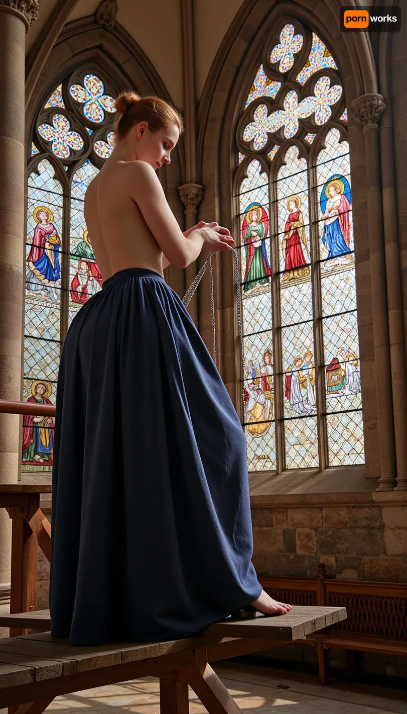 A busty female stained glass master of the Middle Ages, adorned in the traditional attire of the period, meticulously crafting a vibrant and intricate stained glass masterpiece within the lofty arches of a Gothic cathedral. She stands atop a wooden scaffold that reaches towards the heavens, surrounded by a kaleidoscope of colored panes and lead strips. Her hands are steady and skilled as they manipulate the delicate pieces into place, guided by the light of the sun that filters through the partially completed windows. Her auburn hair is tied back in a neat bun, a few strands escaping to frame her focused face which is illuminated by the soft glow of the glass. The cathedral itself is a majestic backdrop with soaring pointed arches, ribbed vaults, and ornate pillars that stretch to the heavens. The floor is a mosaic of polished stone, reflecting the vibrant colors that dance on the walls from the sun's embrace. The air is filled with the sweet scent of burning candles and the distant echo of choral hymns. Her voluminous dress, made of a heavy fabric that matches the deep blues and purples of the glass, billows slightly with the breeze that wafts in through the open windows. The light from outside casts dramatic shadows on her figure, emphasizing her curves and the folds of her garment. The cathedral is alive with the energy of creation as the woman, a beacon of artistic genius in a male-dominated era, brings divine beauty to life in this sacred space. Each stroke of her tool, each breath she takes, adds to the tapestry of light and color that will soon transform the cathedral's interior into a heavenly sanctuary for all to admire.