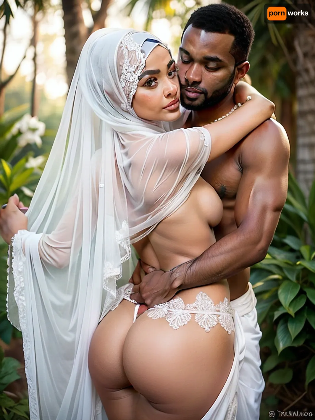 1 indian girl, 1 African man, masterpiece, best quality, A beautiful Naked Muslim woman wearing a transparent white wet hijab with a delicate small flower pattern. Her hijab is neatly wrapped, ((naked from bottom)), complementing her soft and elegant facial features. The hijab is neatly not wrapped properly and fully exposed her chest, enhancing her sexy and elegant appearance. She has a warm, confident expression with natural, glowing skin. The background is softly blurred, creating a dreamy and aesthetically pleasing portrait. The lighting is gentle and flattering, enhancing her beauty while keeping the focus on her. A black man hug her from the back and squeeze her ass, ((fully exposure on her fatty big ass)), view full portrait, ultra wide angle, display full poth of, 4k detai