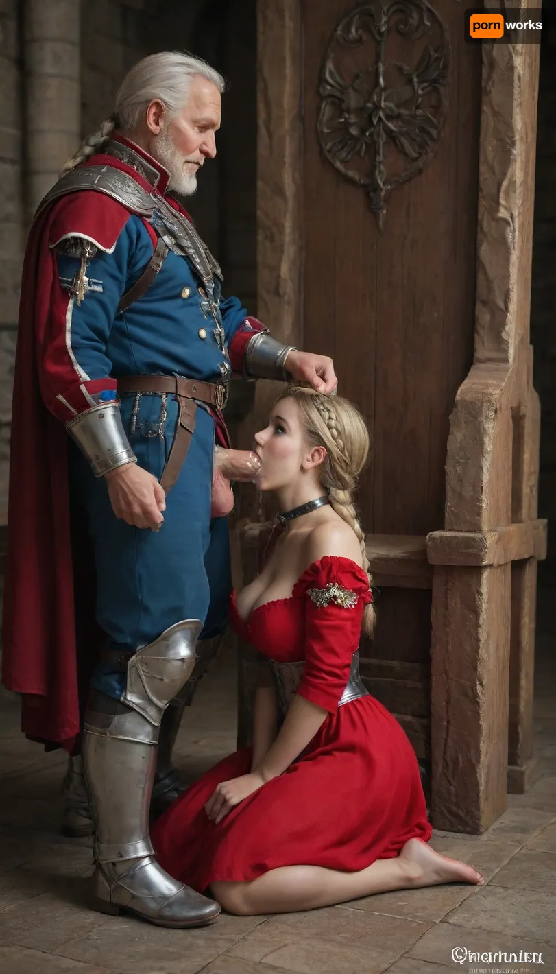 Blowjob, Prompt A medieval scene, (old man fat king with white bread with huge large cock sitting on a grand wooden throne, (wearing red Royal suit), . A short-haired braid hair blonde, (Slave Servant girl), with blue eyes with big breast are fucking large cock, (beautifull slave servant girl wear dirty blue servant clothing), . Nice toes, perfect face The setting is a dimly lit stone castle hall.Side view, (Woman smil and wear dirty blue clothes), . 8k quality. Smiling face. CUM dripping face. Man Pulling her hair.)