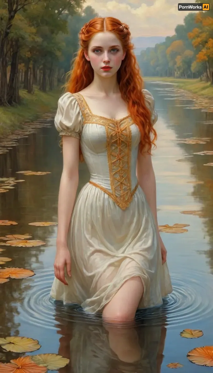masterpiece, best quality, on the river bank, 1girl, solo, looking at viewer, long hair, ponytail, blue eyes, orange hair, very long hair, brown hair, magical girl, (style Michael Cheval:1.5), J.C., Leyendecker, Style, page, see, through, transparent, idol, dress, Reflections, <lora:J.C. Leyendecker Style:.8>, <lora:SDXL_Reflections_Sa_May:.8>