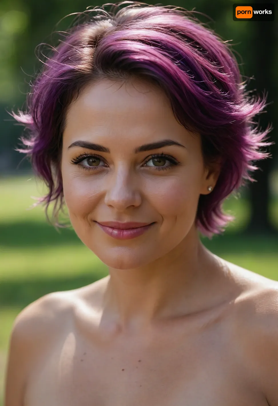 A professional nude photo portrait of a 39yo Russian woman, in a summer park. The woman is beautiful, graceful, short, chubby, with charming brown eyes, long eyelashes, puffy cheeks and sexy pink lips. She is romantic and obviously in love with the photographer, so she smiles subtly, and her eyes glow with happiness. Her skin is tanned and very oiled, also she has wrinkles. Her hairstyle is short and messy purple hair.
BREAK
Helios lens, realistic, masterpiece, sharp details.