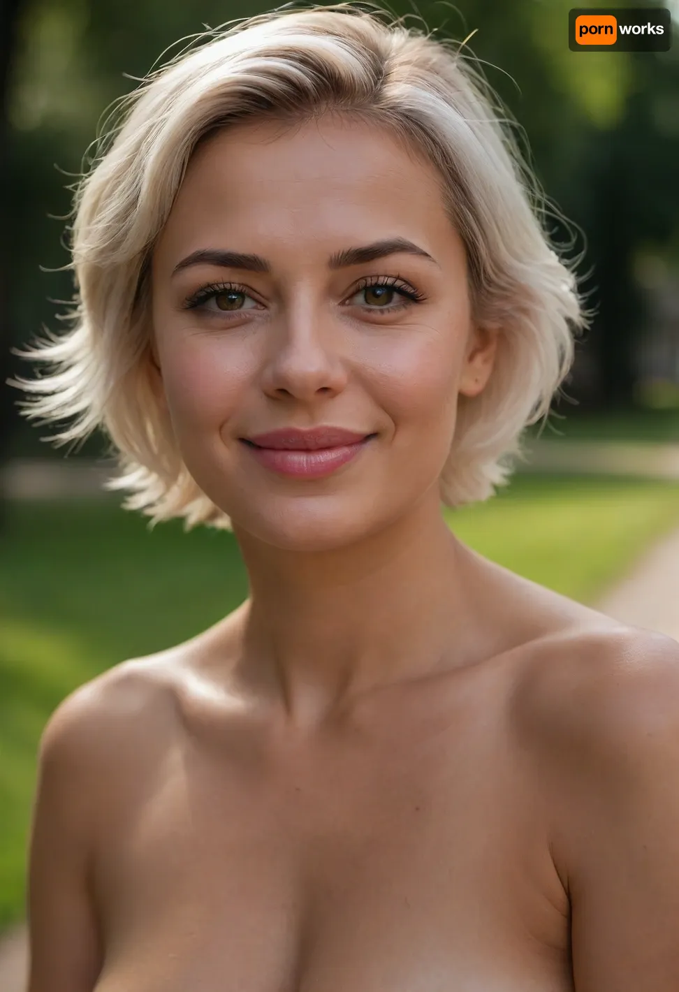 A professional nude photo portrait of a 39yo Russian woman, in a summer park. The woman is beautiful, graceful, short, chubby, with charming brown eyes, long eyelashes, puffy cheeks and sexy pink lips. She is romantic, tender, and obviously in love with the photographer, so she smiles dreamily, and her eyes glow with happiness. Her skin is tanned and very oiled, also she has wrinkles. Her hairstyle is short and messy white hair. Her breasts are visible in the picture, small, with soft pink nipples.
BREAK
Helios lens, realistic, masterpiece, sharp details, bokeh.