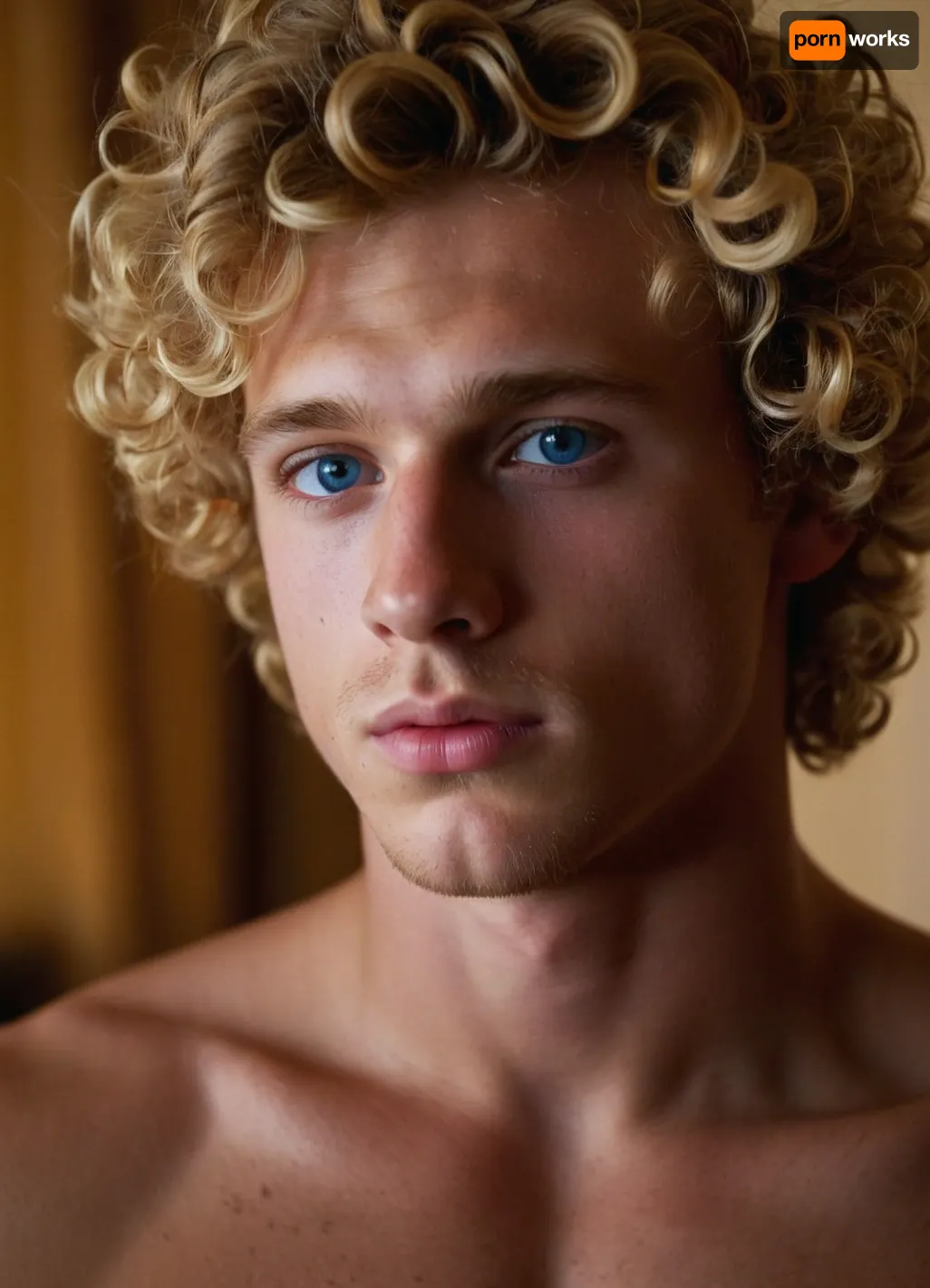 gay porn, gay boy nude, gay man, ultra realist face, 19-year-old boy, blue eyes, curly blond hair, soft button nose, full lips, youthful and cute appearance, flash photo light, masturbating, esperm, penis