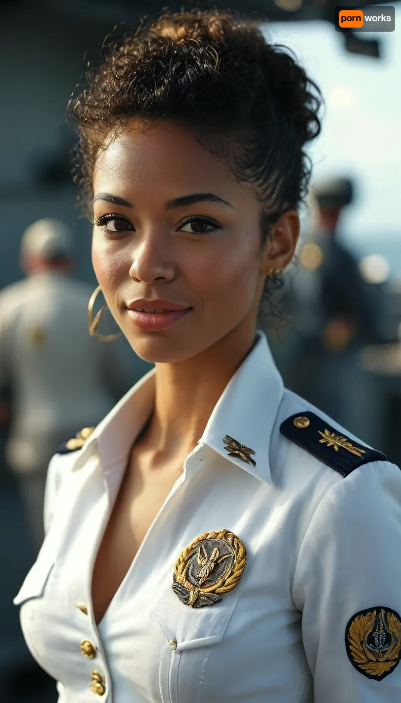 US Navy Aircraft Carrier, sexy afro-latina naval officer, naval uniform, unbuttoned, cleavage, hair in a tight bun, tanned, sexy smile, <lora:add-detail-xl:.8>, <lora:MJ52:.8>
