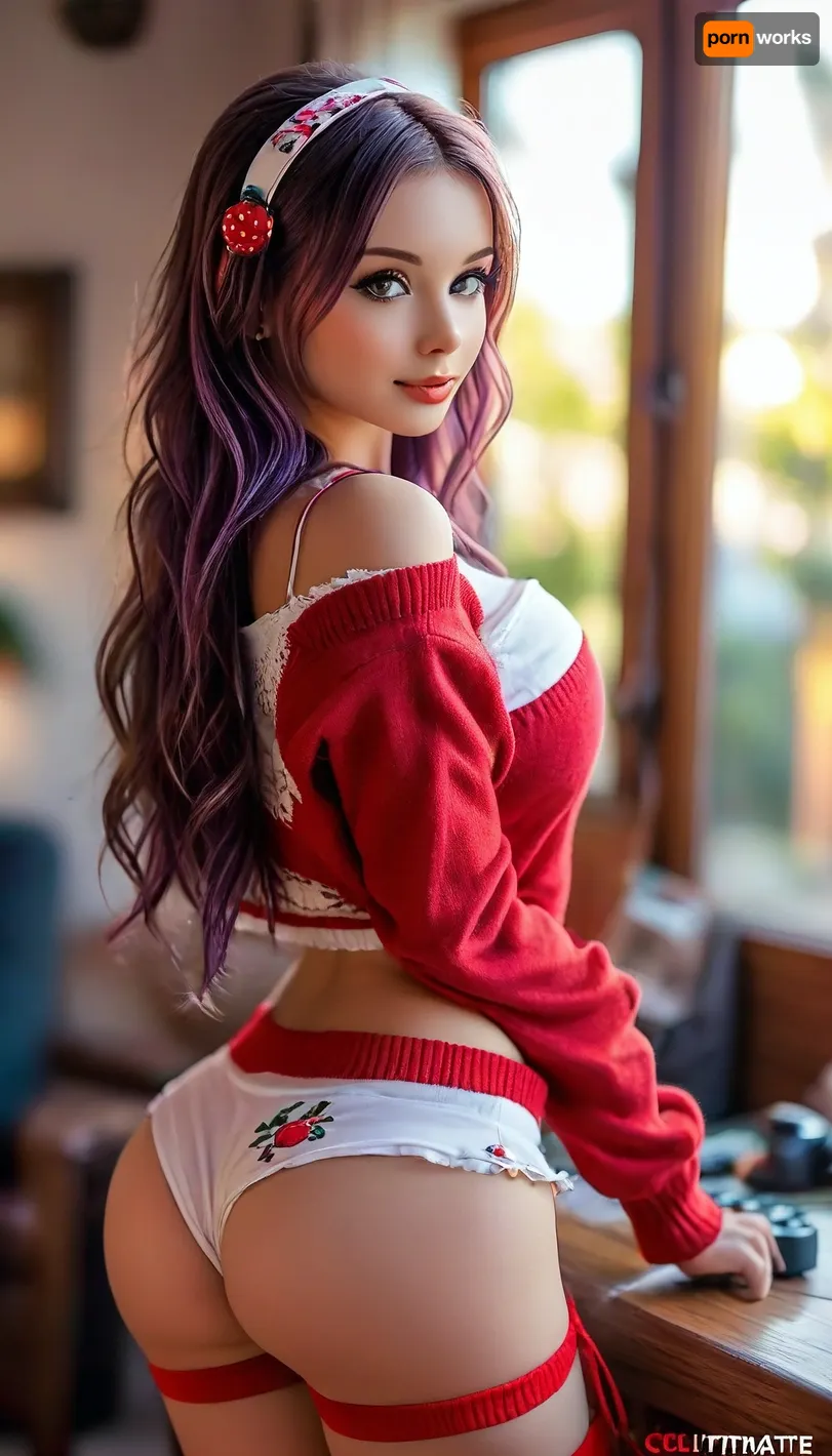 The ultimate realistic photo: a miside-inspired solo gaming session in bright sunlight - red-haired girl with big boobs and blue skirt lifts skirt to reveal print panties and thigh highs