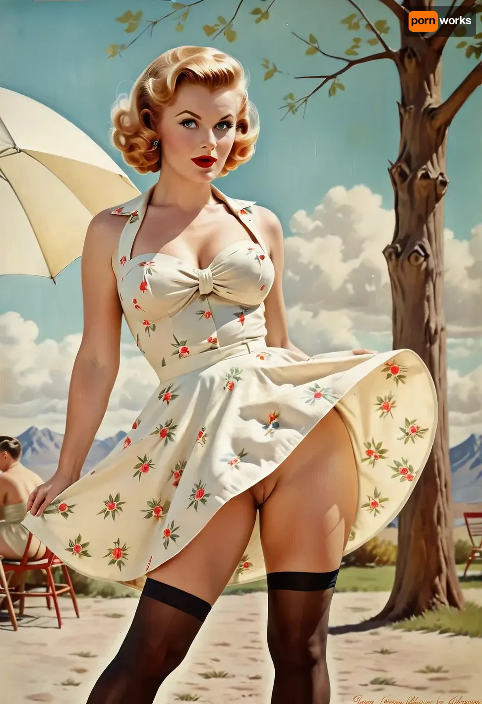 (((1950 pinup style))), painted style, outdoors, swinger dress, 1950s dress, 1950’s dress, pantyless, hairy pussy, painted, watercolour, (ginger, blonde hair), black stockings and garter, Caucasian woman, curly messy Bob cut, Ad, Americana, Style, vintage, advertisement, retro, 1950's, windyupskirt, photography, Movie, Poster, page, <lora:windyupskirt_SDXL:.5>, <lora:1950s_Photography_XL_V1:.5>, <lora:Movie Poster:1>