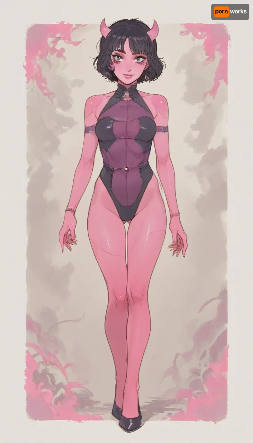 (ratatatat74), 90s Anime, (Outline), (cartoon), tooned, 1girl, cartoon, low color palette, sexy, painted, illustration, made in adobe illustrator, no gradients, incase style, demon girl smiling, full body, straight demon horns, sexy Fantasy outfit, slutty clothes, see through, revealing, emo and goth accessories, black hair, (Pink skin), Wide hips, makeup, thick eyebrows, eyeshadow, lips, simple abstract background, concept, art, by, syd, mead, retro, futuristic, flat, colors, Perfect Hands, <lora:ratatatat74-000050:1.1>, <lora:outline_xl_kohaku_delta_spv5x:.5>, <lora:cartoon_stickers_xl_v1:.8>, <lora:NEOTOKIOXL_0.2_RC:.5>