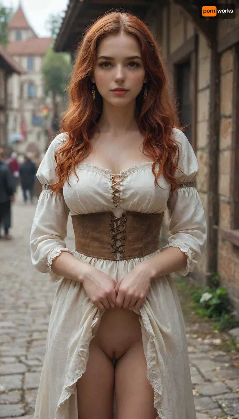 25 year old woman with long wavy red hair and beautiful face, wearing renaissance fair cosplay, big breasts, medieval fashion, medieval dress, skirt lifted, long hair, solo, male focus, red hair, no panties, pale skin, big tits, medieval market, medieval fair, fantasy, art, <lora:Fantasy_ArtXL:.8>, <lora:Medieval_Aesthetic_Style:.8>