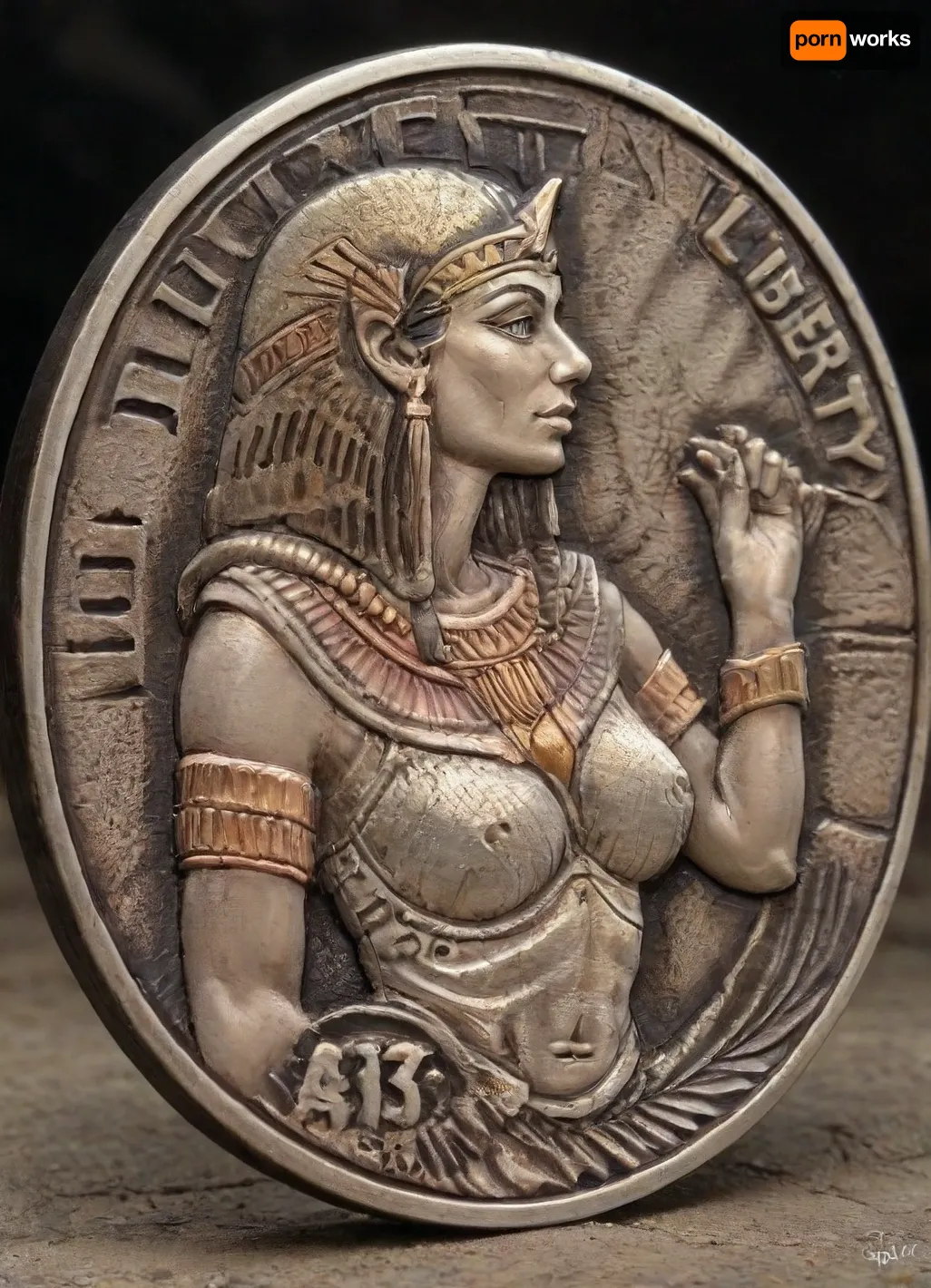 Cleopatra coin carving, cnl, cnl lighting, cnl texture, engraved word that says "ALLI36", details in details, realistic lighting, realistic shadows, photography, <lora:Cnl-XL-V1:1>