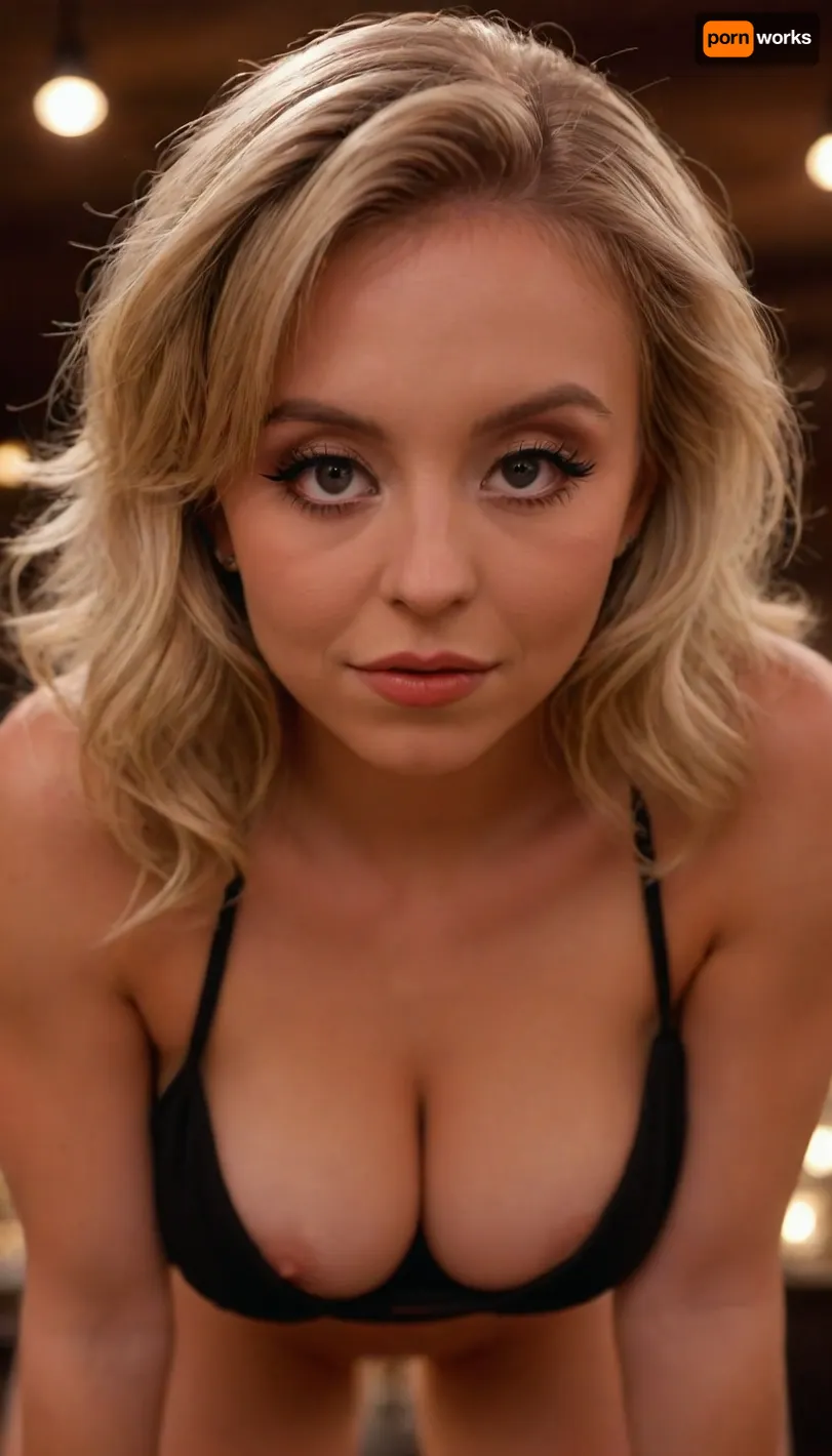 (Closeup photo:1.2), (bokeh:1.3), (detailed hair:1.2), (detailed eyes), (black eye liner), (blonde hair:1.2), (seductive eyes), (detailed face:1.4), (cleavage visible), (bending over), downblouse, halter top, low angle shot, on porn studio, she is standing above, syds, woman, Sydney, Sweeney, Woman, <lora:RealDownblouseXL2:.8>, <lora:SydneySweenyXLDogu:1>, <lora:sydneyXL:.5>