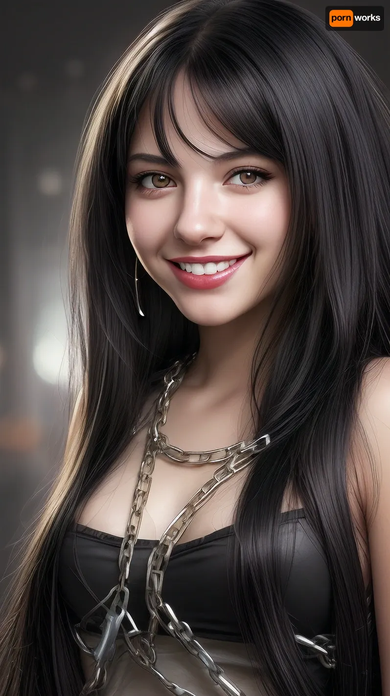 1girl, portrait, black hair, long hair, grin, black eyes, lips, looking at viewer, solo, chain, realistic, blurry, photorealistic, simple background, smile, nose, teeth