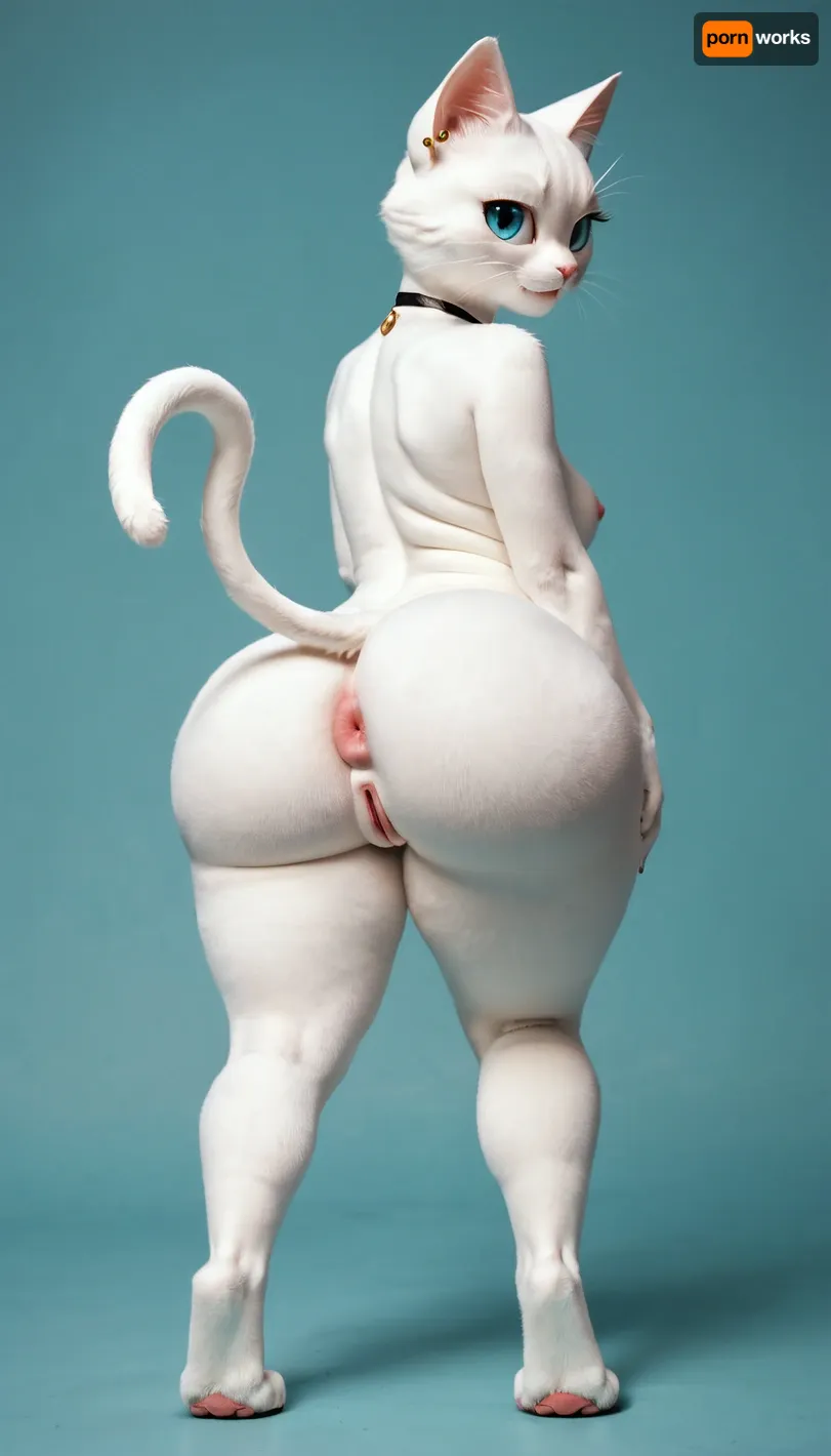 ((anthro white cat, female anthro white cat:1)), solo, huge ass, sexy cat girl, (tall:1.6), thin body, huge hips, thick fur, long cat tail, looking back over shoulder at viewer, (showing cute little kitty paws), cute puffy asshole, standing with one leg up, <lora:early621-000002:.9>, <lora:aniv3de:.5>, <lora:Fur:.8>
